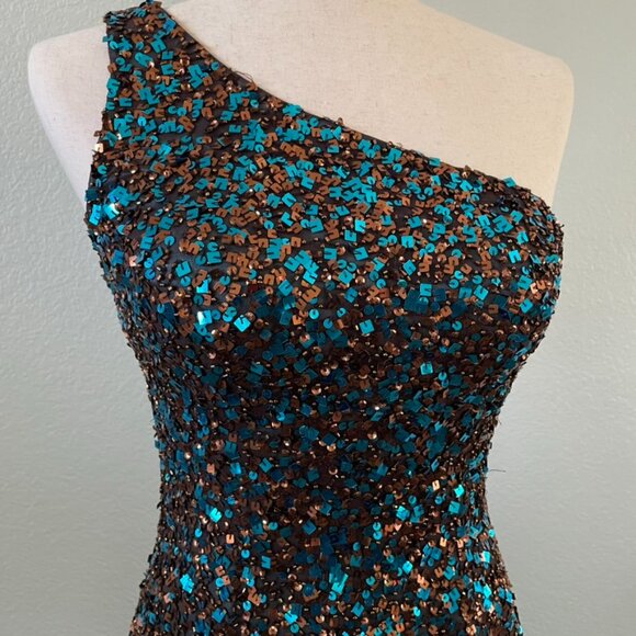 Scala Vintage One Shoulder Blue Bronze Embellished Sequin Mini Dress | Medium - Picture 2 of 11